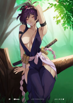 1girl arm_behind_head armpits artist_name breasts center_opening cleavage clothing_cutout commentary deviantart_logo english_commentary forest highres hip_vent instagram_logo japanese_clothes jigokuraku katana kimono laditos_baldosa large_breasts nature ninja no_bra on_tree open_mouth outdoors patreon_logo pixiv_logo ponytail purple_hair purple_kimono red_eyes revealing_clothes sash solo sunlight sword teeth twitter_logo weapon white_sash youtube_logo yuzuriha_(jigokuraku)