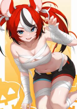 absurdres animal_ears bandages bare_shoulders blue_eyes breasts hakos_baelz halloween_costume highres hololive medium_breasts mouse_ears mouse_girl mouse_tail multicolored_hair mummy_costume navel no_bra open_mouth red_hair sharp_teeth shorts solo tail teeth thighs tokyo_(1421)