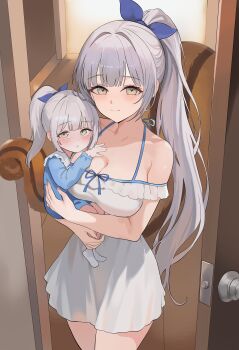 2girls absurdres baby bow breasts brown_eyes carrying carrying_baby carrying_person character_request check_character door dress frilled_dress frills grey_hair hair_bow high_ponytail highres large_breasts looking_at_viewer maplestory multiple_girls nbee_ya open_door player_character_(maplestory) ponytail squirrel_tail tail white_dress
