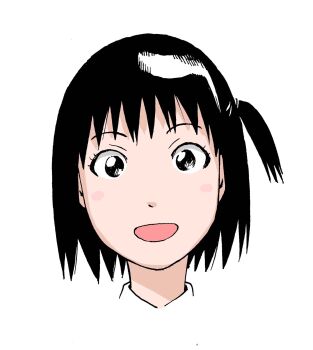1girl arashiyama_hotori black_eyes black_hair blush highres ishiguro_masakazu open_mouth short_hair side_ponytail simple_background solo soredemo_machi_wa_mawatteiru white_background