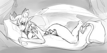 Rule 34 | 2015, bed, black sclera, colored sclera, convenient censoring, demon girl, demon horns, demon tail, demon wings, drink carton, drinking, drinking straw, druella, full body, horns, juice box, less, lilim (monster girl encyclopedia), looking at viewer, lying, monster girl, monster girl encyclopedia, monster girl encyclopedia world guide i: fallen maidens, nude, on stomach, pointy ears, tail, tattoo, wings