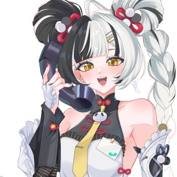 1girl ashimi_fugo bare_shoulders black_hair braid breasts commentary_request detached_sleeves dialyn_(zenless_zone_zero) highres looking_at_viewer medium_breasts multicolored_hair nail_polish necktie open_mouth phone smile solo split-color_hair twin_braids upper_body white_hair yellow_eyes yellow_necktie zenless_zone_zero