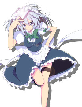 1girl blue_eyes braid dagger female_focus highres izayoi_sakuya knife maid maid_headdress nakamura_sandayo ribbon short_hair silver_hair smile solo thigh_strap throwing_knife touhou twin_braids weapon