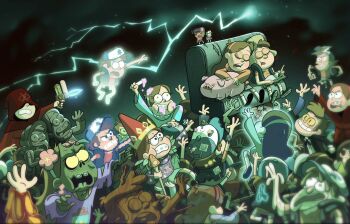 6+boys 6+girls alternate_costume angry animal_print aqua_collar aqua_hair aqua_sleeves aqua_sweater baseball_cap bill_cipher black_collar black_eyes black_footwear black_jacket black_ribbon black_sky black_sleeves blue_vest blush_stickers bone book book_of_bill bra braces brain branch brother_and_sister brown_hat candy cape cat_print chair child claw_pose claws clerical_collar cloak closed_eyes closed_mouth collar collared_jacket collared_sweater colored_sclera commentary covered_eyes crown dipper_pines dual_persona earrings english_commentary evil_smile exposed_brain eye_print eyelashes flats flower fluffy_hair foaming_at_the_mouth food food_on_hair fur_hat furrowed_brow ghost glowing gold_crown gravity_falls green_cape grey_shorts gun hairband hat highres holding holding_gun holding_pencil holding_staff holding_stick holding_weapon hood hood_down hood_up hooded_cloak horror_(theme) ian_worrel injury jacket jewelry joe_pitt jpeg_artifacts kneehighs light_brown_hair lightning lollipop long_sleeves mabel_pines melting memory_gun mini_person miniskirt multiple_boys multiple_girls mushroom neck_ribbon no_pupils official_art on_chair open_book open_clothes open_hand open_hands open_jacket open_mouth outdoors outstretched_arms outstretched_hand partially_submerged pencil petrification pig pink_bra pink_collar pink_flower pink_sleeves pink_sweater pixel_art possessed priest print_headwear print_hood print_sleeves purple_collar purple_sleeves purple_sweater reaching reaching_towards_another red_cloak red_hairband red_hat red_hood red_robe red_shirt ribbon ring robe scissors second-party_source shirt shoes short_sleeves shorts siblings sitting sitting_on_person skirt sky sleeping sleeping_on_person slit_pupils smile sneakers socks stab staff star_(sky) starry_sky stick surprised sweater t-shirt teeth tongue toon_(style) torn_clothes torn_hat torn_sleeves torn_vest tree_print turtleneck turtleneck_sweater twins two-tone_hat tyrone_(gravity_falls) underwear ushanka v-shaped_eyebrows vest waddles weapon wet white_shirt white_socks wide-eyed wide_mouth wide_sleeves wrapped_candy yellow_eyes yellow_hairband yellow_sclera yellow_sleeves yellow_vest zombie