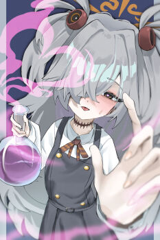 1girl 966_kururu_966 absurdres black_dress blue_archive blue_background blurry blush brown_eyes brown_ribbon buttons commentary_request cowboy_shot crossed_bangs depth_of_field double-breasted dress fingernails flask grey_hair hair_over_one_eye halo heart heart-shaped_pupils highres holding holding_flask kanoe_(blue_archive) long_bangs long_hair long_sleeves looking_at_viewer lovestruck neck_ribbon one_eye_covered orange_halo pinafore_dress reaching reaching_towards_viewer ribbon round-bottom_flask scar scar_on_neck school_uniform shirt simple_background sleeveless sleeveless_dress solo spiked_hair sweatdrop symbol-shaped_pupils tongue tongue_out tsurime twitter_username two_side_up very_long_hair white_shirt