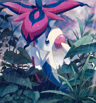 absurdres commentary_request floette floette_(eternal) flower full_body gen_6_pokemon grass highres holding holding_flower looking_at_viewer nintendo no_humans outdoors pokemon pokemon_(creature) rain rongai28 solo