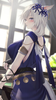 1girl animal_ears black_gloves blue_eyes blurry blurry_background cat_ears cat_tail commission earrings facial_mark final_fantasy final_fantasy_xiv fingerless_gloves flower from_side gloves hair_flower hair_ornament jewelry kurosawa_itsuki long_hair looking_at_viewer miqo&#039;te skeb_commission sleeveless solo tail warrior_of_light_(ff14) whisker_markings white_hair