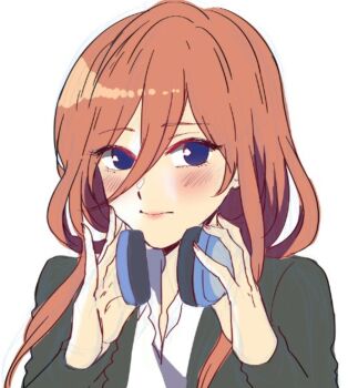 1girl blue_eyes blush closed_mouth commentary english_commentary enjelicious go-toubun_no_hanayome hair_between_eyes headphones headphones_around_neck long_hair long_hair_between_eyes nakano_miku orange_hair orange_nails portrait solo white_background