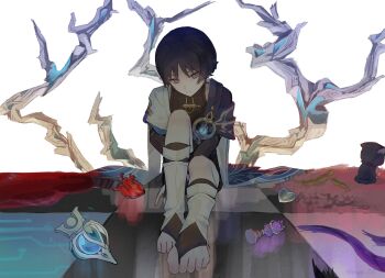 1boy anemo_symbol_(genshin_impact) animal_print animalization bare_tree between_legs bird_print black_bodysuit black_bridal_gauntlets black_cat black_hair black_shorts blood blood_on_ground blue_cape blue_gem blue_sleeves blunt_ends bodysuit branch bridal_gauntlets bright_pupils cable cape cat choppy_bangs closed_mouth commentary core expressionless eyeliner feathers fingernails furisode gem genshin_impact gnosis_(genshin_impact) gold gold_ring hage_80 hand_between_legs hand_on_ground head_tilt heart heart_(organ) highres japanese_clothes kimono knee_up layered_sleeves leg_warmers looking_at_viewer makeup male_focus middle_ring person_and_animalization pink_nails purple_eyes purple_rope red_eyeliner rope scaramouche_(cat)_(genshin_impact) scaramouche_(genshin_impact) short_sleeves shorts shoulder_peek sitting solo split_mouth symbol-only_commentary tile_floor tiles toeless_legwear toenails toes tree tsurime twitter_username wanderer_(genshin_impact) white_background white_leg_warmers white_pupils white_sleeves white_trim yellow_feathers