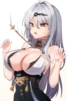 1girl bare_arms bare_shoulders belt breasts cleavage collared_shirt hair_between_eyes hair_ornament hairclip hands_up highres large_breasts long_hair looking_down motion_lines no_jacket open_mouth shirt simple_background sleeveless sleeveless_shirt solo sweatdrop upper_body white_background white_hair white_shirt yashirinda yellow_eyes yixuan_(zenless_zone_zero) zenless_zone_zero