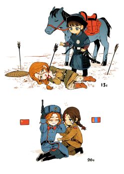 2girls ancient_mongolian_armor armor arrow_(projectile) bandage_on_face bandages bandaid bandaid_on_face black_boots bleeding blood blood_on_face blood_on_neck blue_dress blue_eyes boots bow_(weapon) braid brown_hair brown_pants buttons chainmail chibi coat colored_eyelashes comforting comparison composite_bow crying deel double-breasted dress full_body fur_hat gun handgun hat highres historical_event horse injury long_hair military_uniform mongolia mongolia_(nanimonothing) mongolian_clothes mongolian_flag multiple_girls nagant_m1895 nanimonothing one_eye_closed orange_hair original pants recurve_bow revolver russia_(nanimonothing) scared shield sitting soviet soviet_flag soyombo soyombo_earrings toortsog translation_request twin_braids ushanka weapon