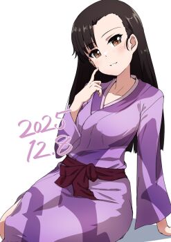 Rule 34 | 1girl, arm support, black hair, blush, breasts, brown eyes, buchikaki, commentary request, dated, girls und panzer, highres, japanese clothes, kimono, long hair, looking at viewer, medium breasts, nishi kinuyo, simple background, smile, solo, white background