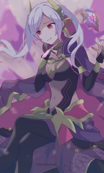 1girl 343rone absurdres breasts bridal_gauntlets cleavage covered_navel crossed_legs female_robin_(fire_emblem) female_robin_(grima)_(fell_tactician)_(fire_emblem) female_robin_(grima)_(fire_emblem) fire_emblem fire_emblem_awakening fire_emblem_cipher fire_emblem_heroes highres medium_breasts nintendo official_alternate_costume parted_lips possessed red_eyes see-through_cleavage see-through_clothes sitting smile solo twintails watermark white_hair