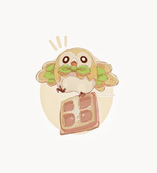 artist_name beak bird black_eyes bow bowtie circle commentary film_grain food gen_7_pokemon green_bow green_bowtie halftone halftone_background highres hightguy nintendo no_humans notice_lines owl parted_lips pokemon pokemon_(creature) pokemon_focus rowlet simple_background solo symbol-only_commentary talons waffle white_background