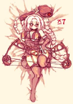 Rule 34 | 1girl, absurdres, alternate costume, bar censor, bow (weapon), bra, breasts, brown bra, brown gloves, brown panties, brown thighhighs, censored, cleavage, commentary, fingerless gloves, full body, garter straps, gloves, grey hair, highres, holding, holding bow (weapon), holding weapon, korean commentary, korean text, large breasts, lingerie, long hair, looking at viewer, lying, nipple cutout, nipples, no headwear, on back, panties, pussy, pussy cutout, rampa93, red eyes, solo, thighhighs, touhou, translation request, underwear, unworn headwear, very long hair, weapon, yagokoro eirin