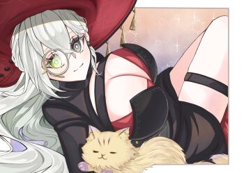 1girl breasts cat cleavage commentary_request diabellstar_the_black_witch dress duel_monster green_eyes grey_eyes grey_hair hat heterochromia highres huge_breasts large_breasts long_hair looking_at_viewer monocle official_alternate_costume sira_tise solo witch witch_hat yu-gi-oh!