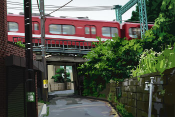 archdrawsalot art_study brick bridge bush cable commentary grass motion_blur no_humans original pole real_world_location road street tagme train translation_request