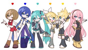 >_o 2boys 4girls :d ;) ;d absurdres arm_up arm_warmers bare_shoulders black_boots black_shirt black_shorts black_skirt black_sleeves blonde_hair blue_eyes blue_hair blue_scarf blush_stickers boots bright_pupils brother_and_sister brown_boots brown_eyes closed_mouth coat collared_shirt commentary_request crop_top cropped_jacket cropped_shirt detached_sleeves dot_nose double-parted_bangs full_body green_hair green_necktie grey_sailor_collar grey_shirt grey_shorts grin hair_between_eyes hair_ornament hair_ribbon hairclip hand_on_own_chest hand_up hatsune_miku headphones heart highres jacket kagamine_len kagamine_rin kaito_(vocaloid) knee_boots leg_warmers long_hair long_skirt long_sleeves looking_at_viewer megurine_luka meiko_(vocaloid) midriff miniskirt mone_sekai multiple_boys multiple_girls navel neckerchief necktie number_tattoo one_eye_closed open_mouth pants parallel_hairclips parted_bangs pink_hair pleated_skirt purple_boots purple_pants red_jacket red_skirt ribbon sailor_collar scarf see-through_clothes see-through_sleeves shirt shoes short_hair short_sleeves shorts shoulder_tattoo siblings simple_background single_arm_warmer skirt sleeveless sleeveless_jacket sleeveless_shirt smile standing standing_on_one_leg tattoo thigh_boots tie_clip twins twintails very_long_hair vocaloid white_background white_coat white_pupils white_ribbon white_shirt white_shoes wide_sleeves wrist_cuffs yellow_neckerchief yellow_necktie