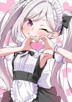 1girl akanehiiro alternate_costume blue_archive grey_hair heart heart_hands looking_at_viewer maid maid_headdress mutsuki_(blue_archive) one_eye_closed solo