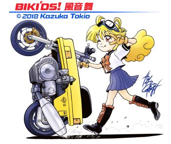 Rule 34 | 1girl, :q, bikid's!, black boots, black sailor collar, blonde hair, blue skirt, boots, bow, bowtie, closed mouth, commentary request, copyright name, copyright notice, dated, dust cloud, from side, full body, gloves, goggles, goggles on head, highres, honda, honda motocompo, kazane mai, kazuka tokio, knee boots, long hair, looking at viewer, looking to the side, motor vehicle, motorcycle, official artist extra, one eye closed, orange gloves, pleated skirt, red bow, red bowtie, red eyes, sailor collar, school uniform, serafuku, shadow, shirt, short sleeves, signature, skirt, smile, solo, tongue, tongue out, v, v over eye, walking, white background, white shirt