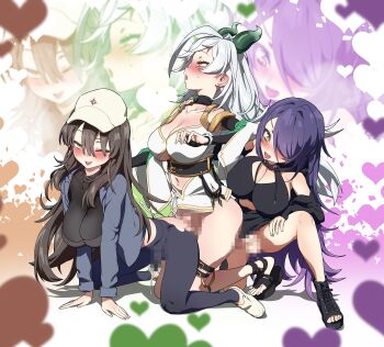 3futa ;p absurdres ahegao all_fours bare_shoulders baseball_cap belt black_belt black_boots black_bustier black_choker black_gloves black_jacket black_pants black_shirt blue_jacket blush boots breasts bridal_gauntlets brown_hair bustier censored character_request choker cleavage_cutout clothing_cutout copyright_request cum cum_overflow cumdrip ddd_threesome detached_sleeves dragon_horns dress ejaculating_while_penetrated ejaculation futa_with_futa futanari gloves group_sex halterneck hand_on_another's_shoulder hat heart highres horns jacket kneeling large_breasts long_hair long_sleeves looking_at_another love_train microdress mosaic_censoring multiple_futa navel navel_cutout on_one_knee one_eye_closed open-toe_boots open_clothes open_jacket open_mouth orange_eyes pants penetration_while_penetrated purple_hair rolling_eyes sandals sex sex_from_behind shirt shoes sigyongtoggi thigh_strap threesome tongue tongue_out torn_clothes torn_pants underboob underboob_cutout very_long_hair white_dress white_hair white_hat white_shoes white_sleeves wide_sleeves yellow_eyes yoga_pants zoom_layer