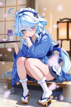 Rule 34 | 1girl, absurdres, ahoge, alternate costume, andon, black sash, blue eyes, blue hair, blue kimono, blue pupils, blush, closed mouth, commentary request, dango, dango milk (genshin impact), drop-shaped pupils, food, frilled hairband, frills, furina (genshin impact), genshin impact, geta, hair between eyes, hairband, heterochromia, highres, holding, holding tray, indoors, japanese clothes, kimono, long hair, long sleeves, looking at viewer, multicolored hair, obi, riku (rrr gns), sash, sitting, smile, solo, streaked hair, symbol-shaped pupils, tray, very long hair, wagashi, white hair