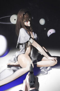 1girl 1other arknights bad_source bare_legs black_hairband bleeding blood breasts brown_hair gandy_(gan3e46) gun hairband highres holding holding_gun holding_weapon long_hair looking_at_viewer planet pov priestess_(arknights) purple_eyes smoke thighs weapon