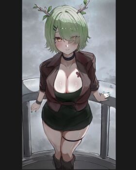 1girl absurdres antlers black_choker black_dress blue_nails boots bracelet breasts brown_boots butterfly_tattoo ceres_fauna choker collarbone cosplay dress green_eyes green_hair hair_ornament hair_over_one_eye hairpin highres hololive hololive_english horns jacket jewelry knee_boots large_breasts looking_at_viewer maria_(silent_hill) maria_(silent_hill)_(cosplay) mole mole_under_eye nail_polish psypolo_d red_jacket short_hair silent_hill_(series) silent_hill_2 solo tattoo thigh_strap virtual_youtuber yellow_eyes