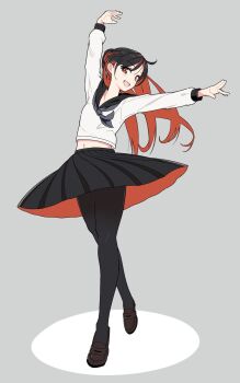 1girl black_hair black_pantyhose dancing full_body hi_iro highres loafers multicolored_hair original pantyhose red_eyes red_hair school_uniform serafuku shoes skirt smile solo two-tone_hair