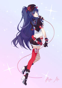 Rule 34 | 1girl, :p, absurdres, ass, asymmetrical gloves, asymmetrical legwear, black boots, black gloves, black jacket, black shorts, blue background, blue hair, boots, character name, closed mouth, commentary, english commentary, fishnet thighhighs, fishnets, from behind, full body, gloves, gradient background, hand up, high heel boots, high heels, highres, holding, holding microphone, honkai (series), honkai impact 3rd, jacket, looking at viewer, looking back, microphone, mismatched gloves, mismatched legwear, nail polish, partially fingerless gloves, pink background, puffy short sleeves, puffy sleeves, purple eyes, raiden mei, raiden mei (shadow dash), raiden mei (soul symphony), red nails, red thighhighs, shirt, short shorts, short sleeves, shorts, smile, solo, thighhighs, tongue, tongue out, white shirt, yuking-