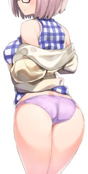 Rule 34 | 1girl, absurdres, ass, bottomless, breasts, dress, eyes out of frame, fate/grand order, fate (series), glasses, head out of frame, highres, jacket, kei (soundcross), large breasts, looking back, mash kyrielight, mash kyrielight (senpai killer outfit), off shoulder, panties, plaid clothes, plaid dress, purple hair, purple panties, short hair, simple background, smile, solo, underwear, white background, yellow jacket