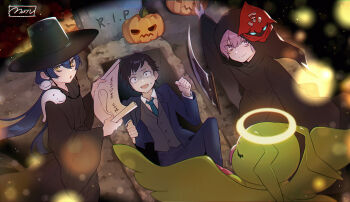 1girl 2boys amasawa_keisuke blue_suit digimon digimon_(creature) digimon_story:_cyber_sleuth digimon_story:_cyber_sleuth_-_hacker&#039;s_memory fantomon formal_clothes grave halloween_costume halo highres holding holding_scythe mishima_erika moch_ka_game multiple_boys nogi_yuu pumpkin scythe suit tombstone wormmon