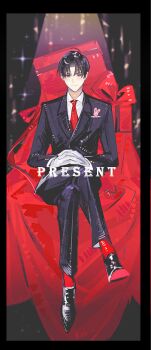 1boy absurdres black_coat black_hair character_request coat collared_shirt commentary_request crossed_legs curtained_hair full_body gloves gwechul hands_on_lap head_tilt highres korean_commentary lantercat looking_at_viewer male_focus necktie rabbit_pin red_necktie ribbon shirt short_hair sitting smile solo spotlight white_gloves white_shirt