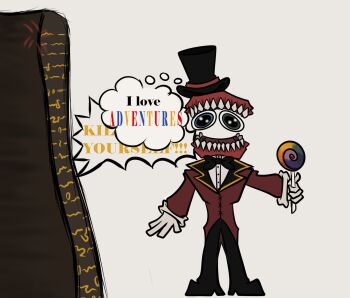 1boy 1other a.m anger_vein angry artist_request caine_(the_amazing_digital_circus) candy cane coattails comparison crossover dentures detached_eyes disgust english_text faceless faceless_male food formal_clothes gloves green_eyes hat hate_pillar_(ihnmaims) heterochromia i_have_no_mouth_and_i_must_scream insult looking_at_another no_humans no_mouth open_mouth personification red_suit simple_background speech_bubble suit teeth the_amazing_digital_circus thinking top_hat trait_connection white_background white_gloves