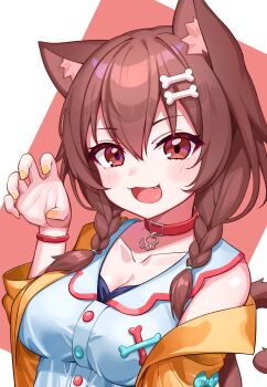 1girl :d absurdres alternate_animal_ears animal_ears bad_id bad_twitter_id bone_hair_ornament braid breasts brown_hair cartoon_bone cat_ears cat_girl cat_tail cleavage collar collarbone commentary_request deaver fang hair_between_eyes hair_ornament hand_up highres hololive inugami_korone inugami_korone_(1st_costume) looking_at_viewer medium_breasts nail_polish open_mouth red_collar short_hair smile solo tail twin_braids upper_body virtual_youtuber yellow_nails