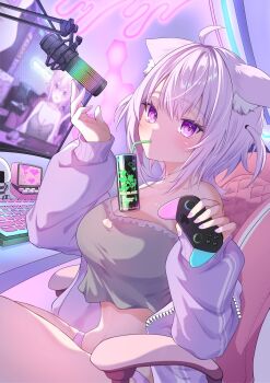 1girl amaguri_(guri_0330) animal_ear_fluff animal_ears bare_shoulders black_camisole breasts camisole cat_ears cat_girl chair cleavage computer_keyboard controller gaming_chair highres holding holding_controller hololive jacket large_breasts medium_hair microphone monitor nekomata_okayu nekomata_okayu_(membership) nintendo_switch_pro_controller off_shoulder open_clothes open_jacket panties purple_eyes purple_hair purple_jacket purple_panties sitting solo swivel_chair underwear virtual_youtuber