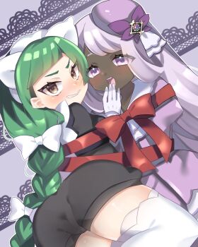 Rule 34 | 2girls, apron, ascot, ass, black romper, blunt bangs, blush, bow, braid, braided ponytail, clenched teeth, dark-skinned female, dark skin, dress, frilled ascot, frills, glove bow, gloves, green hair, highres, jacinthe (pokemon), juliet sleeves, lebanne (pokemon), long braid, long hair, long sleeves, low drills, maid apron, maid headdress, master and servant, multiple girls, n2m97, nintendo, open mouth, pink lips, pokemon, pokemon legends: z-a, puffy sleeves, purple dress, purple eyes, purple hair, romper, smile, teeth, thighhighs, tsurime, v-shaped eyebrows, very dark skin, white bow, white gloves, white thighhighs