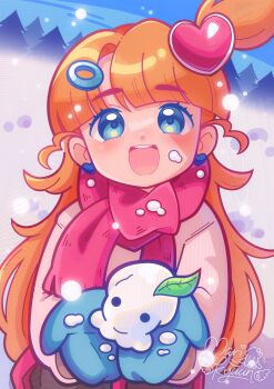 1girl :d absurdres alternate_costume artist_name artist_self-insert blue_eyes blue_mittens blue_sky blush coat commentary cupping_hands cut_bangs earrings english_commentary hair_ornament hairclip happy heart heart_earrings heart_hair_ornament highres holding holding_snowman indie_virtual_youtuber jewelry leaf long_hair long_sleeves looking_at_viewer marikyuunn marikyuunn_(vtuber) mini_snowman mittens one_side_up open_mouth orange_hair outdoors own_hands_together pine_tree pink_coat pink_scarf scarf signature sky smile snow snow_on_body snow_on_face snowman solo tareme teeth thick_eyebrows tree upper_body upper_teeth_only very_long_hair virtual_youtuber winter_clothes winter_coat