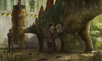 3boys baseball_cap bird caution_tape dinosaur eating edouard_groult hat hay highres jurassic_park mask mouth_mask multiple_boys paint_sprayer stegosaurus vent_(object)