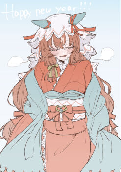 1girl absurdres animal_ears blush bow closed_eyes commentary_request ear_ribbon green_bow grey_background hair_bow hair_over_shoulder happy_new_year highres japanese_clothes kimono limited_palette long_hair new_year obi open_mouth parted_lips red_kimono red_ribbon ribbon rinren_(chun8chun8chun) sash simple_background smile solo still_in_love_(umamusume) umamusume very_long_hair white_sash