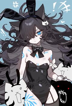 Rule 34 | 1girl, anger vein, animal ears, bare shoulders, black bow, black bowtie, black hair, black hairband, black leotard, blue background, blue eyes, bow, bowtie, breasts, cat ears, cat girl, cat hair ornament, cleavage, colored skin, dark kasli (nyanko daisensou), ebora, fake animal ears, garter straps, groin, hair ornament, hair over one eye, hairband, highres, kasli (nyanko daisensou), leotard, long hair, medium breasts, nose, nyanko daisensou, playboy bunny, pout, rabbit ears, single fishnet legwear, single garter strap, single thighhigh, strapless, strapless leotard, tattoo, thighhighs, thighs, white skin, white wrist cuffs, wrist cuffs