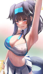 Rule 34 | 1girl, animal ears, arm up, armpits, black hair, blue archive, breasts, cheerleader, cleavage, commentary, detached collar, dog ears, dog girl, dog tail, facial mark, goggles, goggles on head, grey eyes, halo, hibiki (blue archive), hibiki (cheer squad) (blue archive), highres, holding, holding pom poms, long hair, looking at viewer, millennium cheerleader outfit (blue archive), navel, official alternate costume, open mouth, pleated skirt, pom pom (cheerleading), pom poms, ponytail, sidelocks, silver bullet (ecc12 8), skirt, sleeveless, solo, star (symbol), stomach, sweat, tail, white skirt
