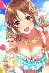 Rule 34 | 1girl, absurdres, bare shoulders, bikini, blue sky, blurry, blush, breasts, brown eyes, brown hair, cleavage, collarbone, depth of field, dot nose, falling petals, floating hair, floral print bikini, flower, flower necklace, frilled bikini, frills, hair ornament, hair scrunchie, hairclip, highres, idolmaster, idolmaster cinderella girls, idolmaster cinderella girls starlight stage, jewelry, large breasts, long hair, looking at viewer, migaku1783, navel, necklace, o-ring, o-ring bikini, o-ring top, open mouth, pearl hair ornament, petals, scrunchie, sky, smile, solo, splashing, starfish hair ornament, swimsuit, teeth, totoki airi, twintails, two-tone bikini, two-tone scrunchie, upper body, upper teeth only