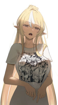 1girl alternate_costume blonde_hair breasts commentary cosplay dark-skinned_female dark_elf dark_skin elf gawr_gura hair_over_shoulder hashtag-only_commentary high_ponytail highres hololive large_breasts long_hair looking_at_viewer malvar mori_calliope multicolored_hair ninomae_ina&#039;nis ninomae_ina&#039;nis_(cosplay) ninomae_ina&#039;nis_(loungewear) open_mouth pointy_ears ponytail print_shirt shiranui_flare shirt short_sleeves simple_background solo streaked_hair t-shirt takanashi_kiara teeth upper_teeth_only very_long_hair virtual_youtuber watson_amelia white_background white_hair white_shirt yellow_eyes