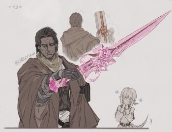1boy 1girl allie_aan_baelsar armor au_ra beard_stubble belt blush_stickers bow box brown_belt brown_coat brown_hair clenched_hands coat curtained_hair dark-skinned_male dark_skin dragon_girl dragon_horns dragon_tail facial_hair father_and_child father_and_daughter final_fantasy final_fantasy_xiv gaius_van_baelsar garlean gauntlets gift gift_box gunblade hands_up heart heart-shaped_gem highres holding holding_sword holding_weapon hood hooded_coat horns open_clothes open_coat orange_eyes own_hands_together parent_and_child parted_bangs parted_lips pink_bow q6q6tikin scales short_hair sidelocks sparkle stubble sweatdrop sword tail tunic twitter_username weapon white_hair white_tunic
