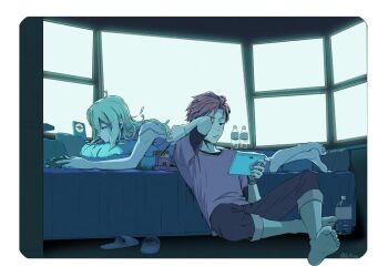 Rule 34 | 1boy, 1girl, ahoge, barefoot, blonde hair, capri pants, commentary request, food, food in mouth, hair down, holding, holding tablet pc, indoors, koujiro frau, long hair, loungewear, lying, messy hair, monitor, narrowed eyes, on stomach, pants, pocky, pocky in mouth, robotics;notes, science adventure, shirt, short hair, sitting, slippers, soles, t-shirt, tablet pc, tank top, tetsu10ru, toes, yashio kaito