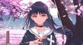 1girl black_choker black_hair black_jacket black_shirt blurry blurry_background chisa_(wuthering_waves) choker closed_mouth collarbone commentary english_commentary fingernails hair_ribbon hand_up highres jacket long_hair looking_at_viewer mole mole_under_eye neckerchief outdoors pink_petals portrait red_eyes red_neckerchief red_ribbon ribbon sailor_collar shirt smile solo white_sailor_collar wuthering_waves yuuchi_ir