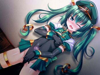 1girl against_wall aoi_masami aqua_eyes black_gloves blue_eyes blush breasts covered_erect_nipples covered_navel dutch_angle elbow_gloves female_masturbation fingering fingering_through_clothes game_cg gloves grabbing_own_breast green_eyes green_hair hair_ornament hat knight_lapis large_variant_set leotard loli long_hair looking_at_viewer magical_girl masturbation masturbation_through_clothes nina_wang_rockford nipple_stimulation nipple_tweak non-web_source official_art one_eye_closed open_mouth pubic_tattoo pussy_juice showgirl_skirt small_breasts solo standing tattoo thighhighs through_clothes ts_magical_girl_nao twintails variant_set wince