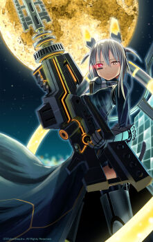 1girl absurdres armor armored_boots boots cape cosmic_break dress female_focus gauntlets glowing glowing_eye grey_hair gun headgear highres looking_at_viewer moon morizo_cs night official_art red_eyes rifle rinka_lynx sky sniper sniper_rifle solo tattoo weapon