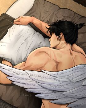 2boys absurdres angel_devil_(chainsaw_man) angel_wings artist_name back black_hair chainsaw_man closed_eyes closed_mouth commentary einruji english_commentary feathered_wings hair_tie hayakawa_aki highres implied_yaoi lying male_focus multiple_boys nude on_bed on_stomach out_of_frame short_hair sleeping topknot white_wings wings